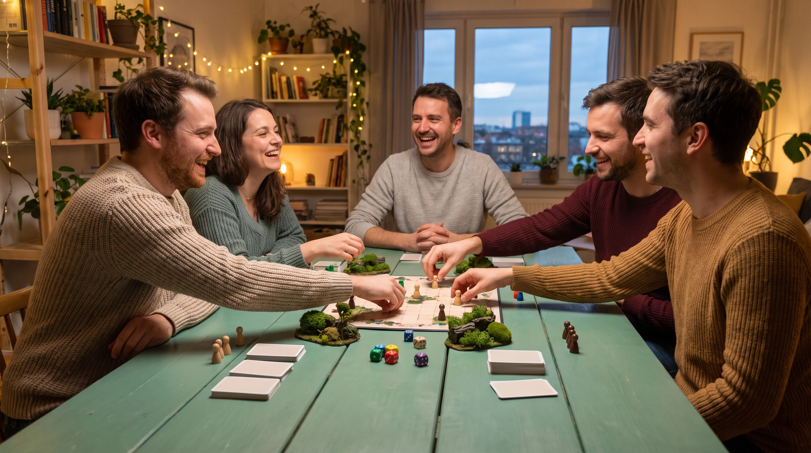 Five friends gathered around a seafoam game table
