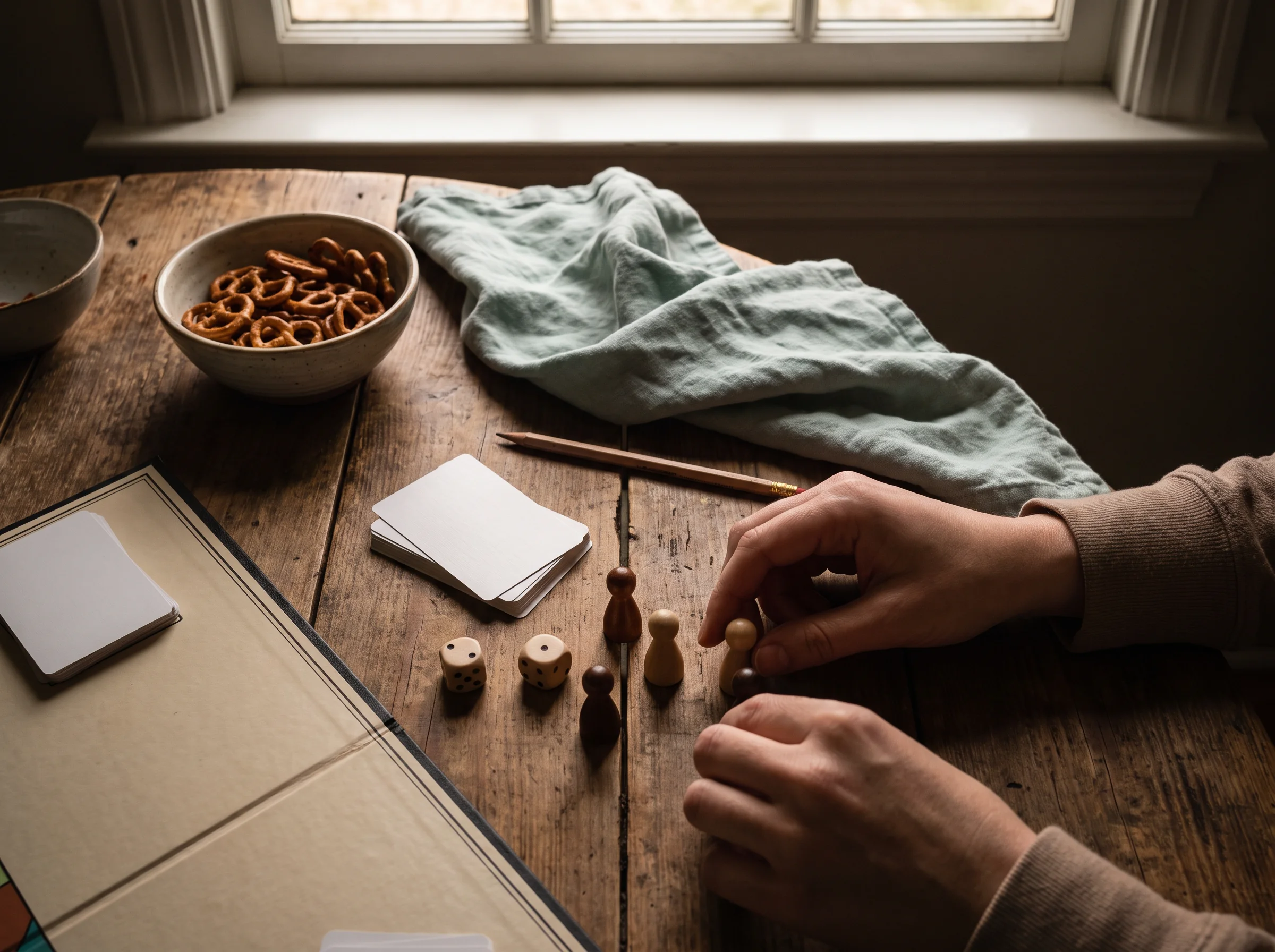 Hands arranging wooden pawns, dice, cards, and snacks for game night
