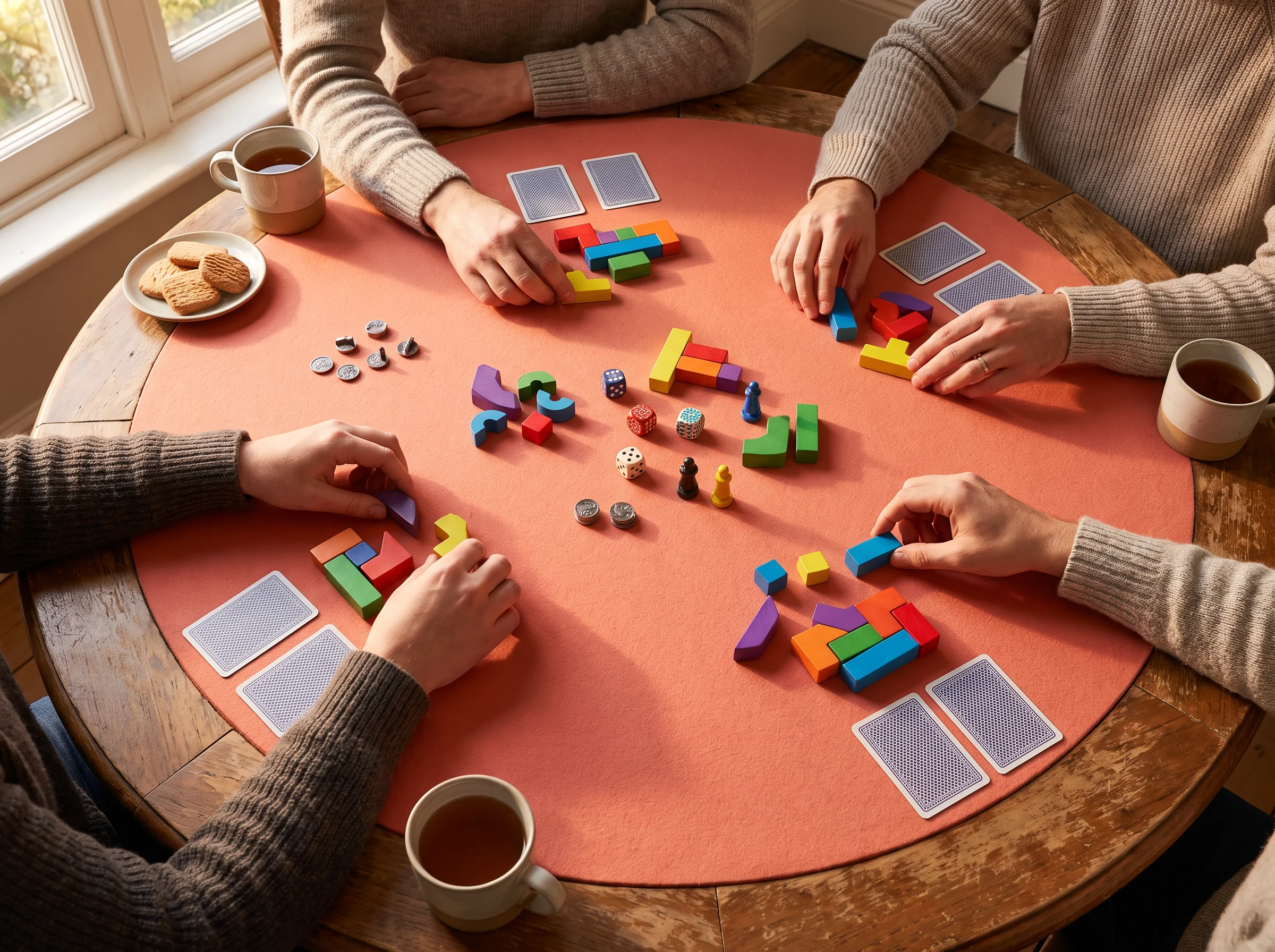 Overhead view of hands moving colorful tabletop pieces