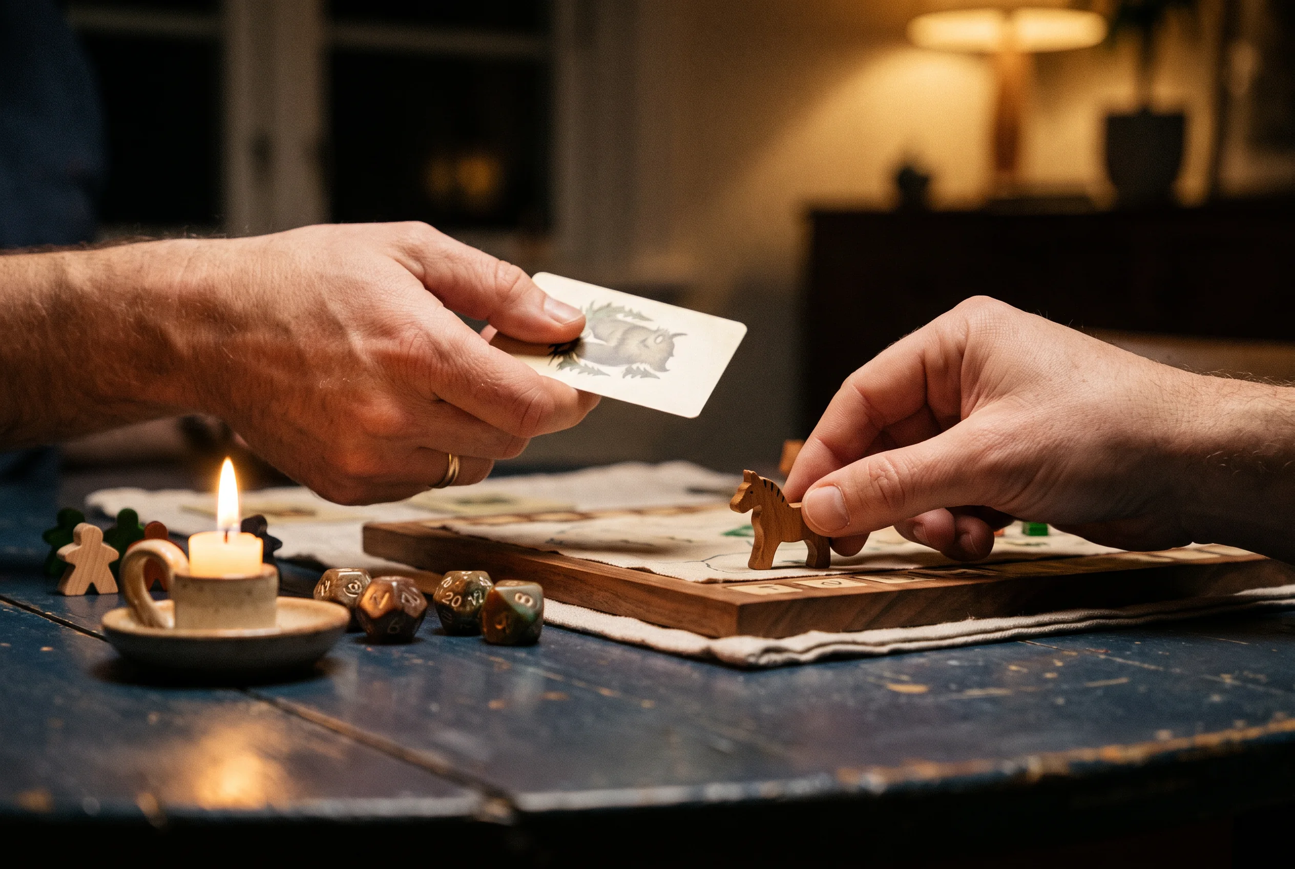 Two players sharing cards and wooden pieces