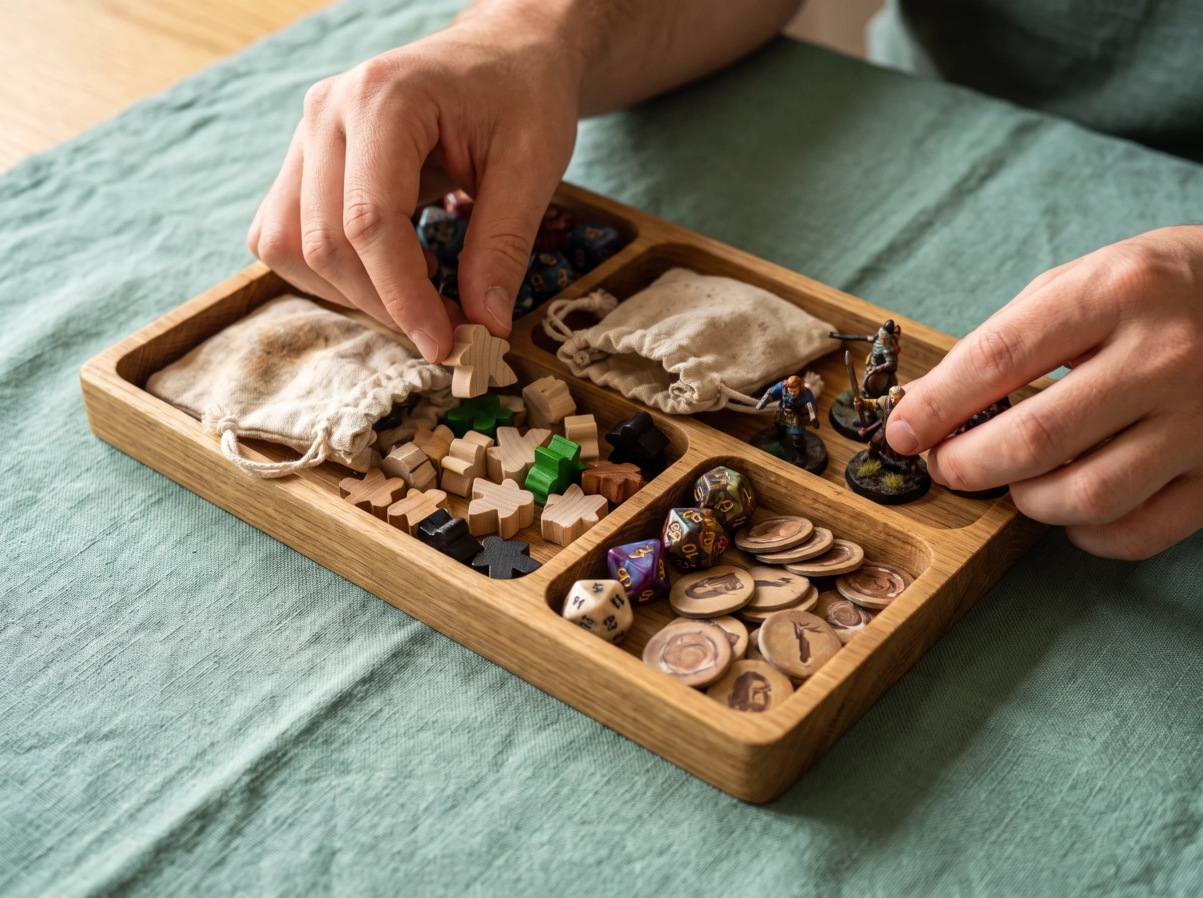 Hands sorting miniature figures and wooden pieces into a tray