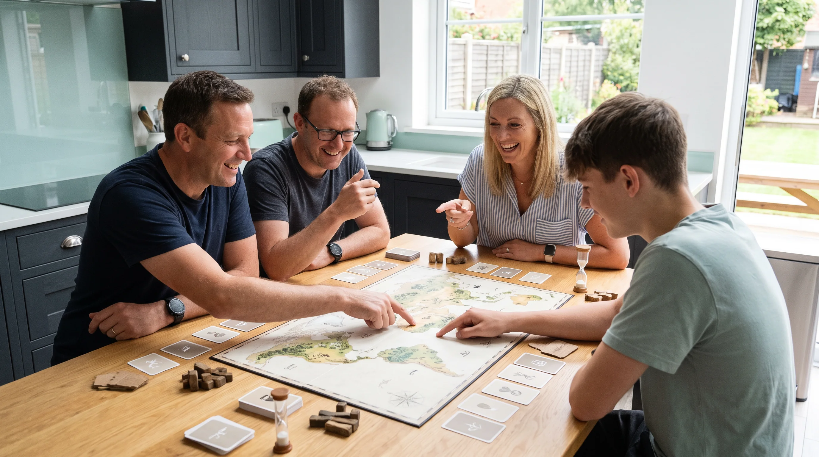 Family group considering a cooperative board game