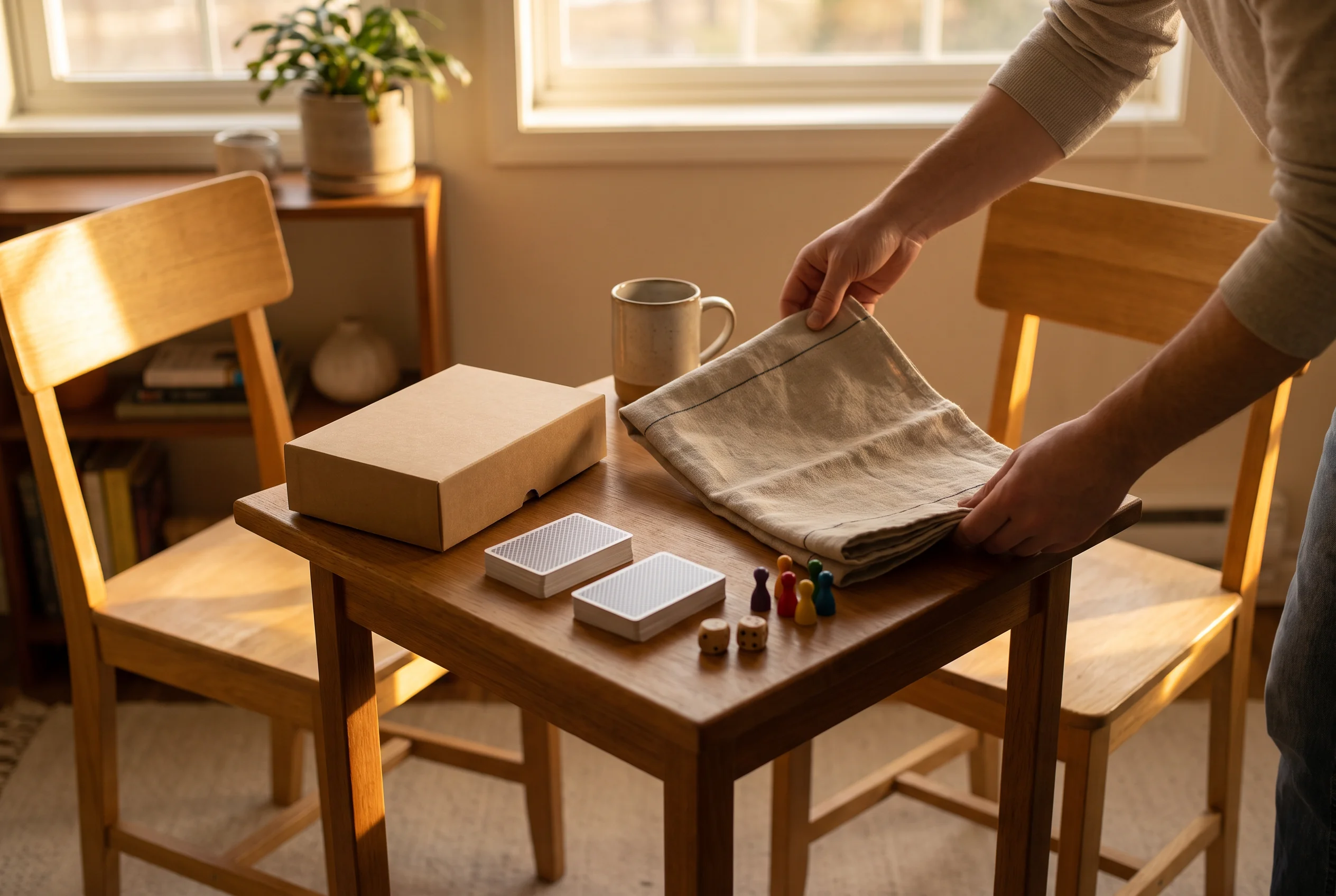A compact table being set for two players
