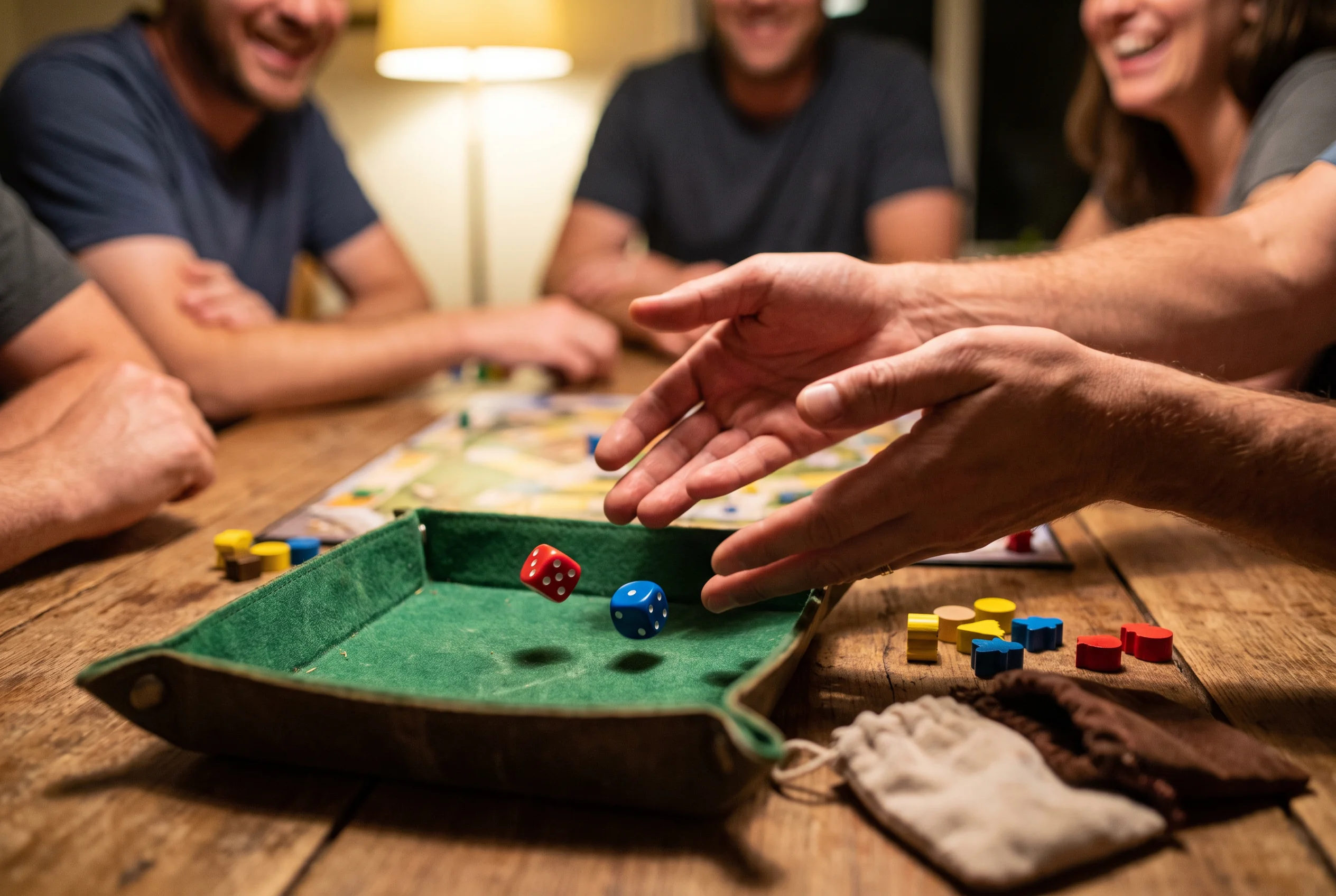 Hands rolling dice into a felt tray