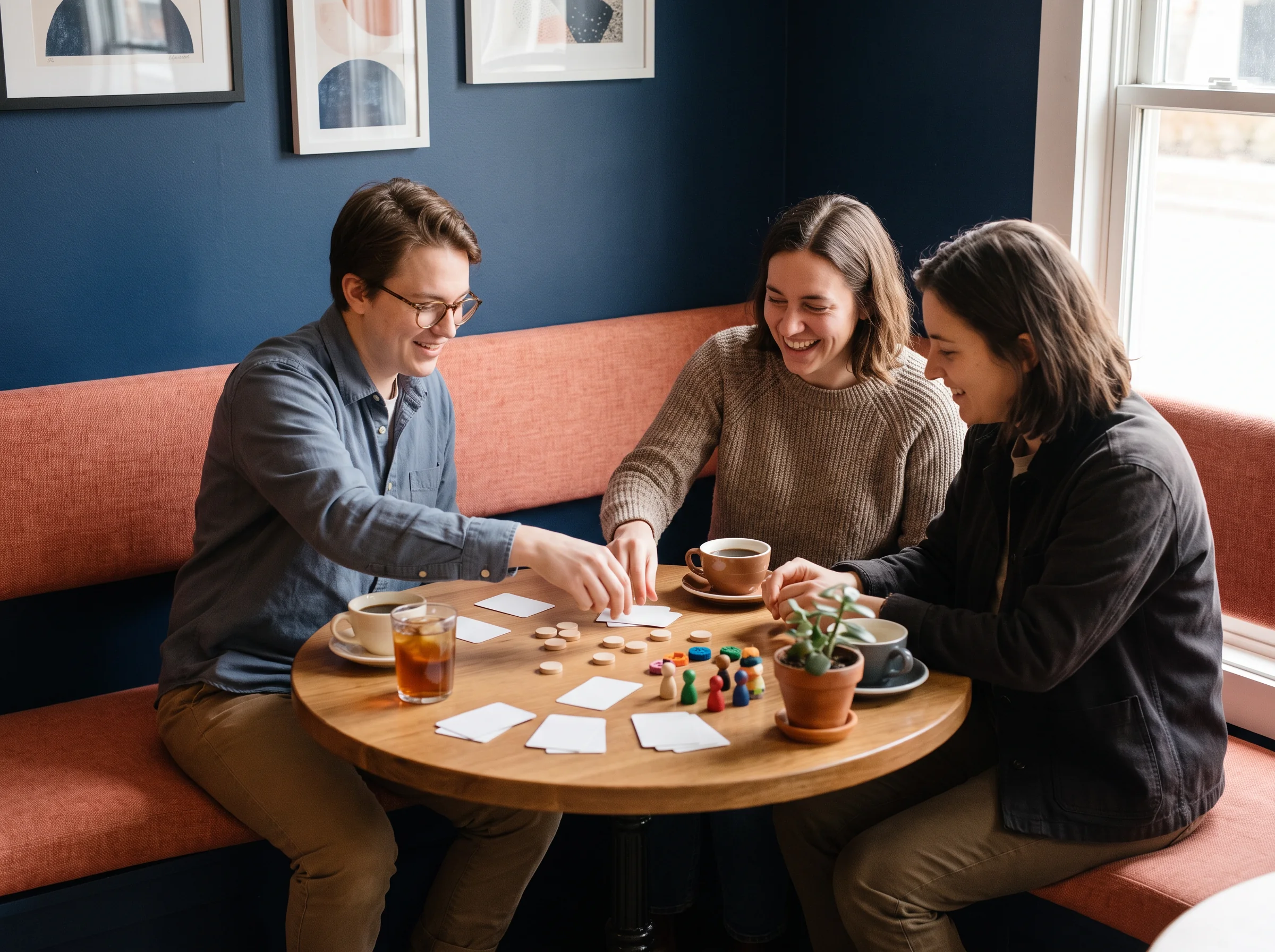 Three friends talking over a light tabletop game